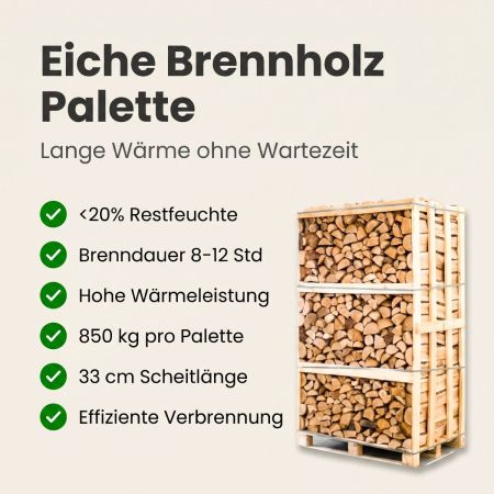 Palette kammergetrocknetes gespalten Eiche Brennholz 33cm