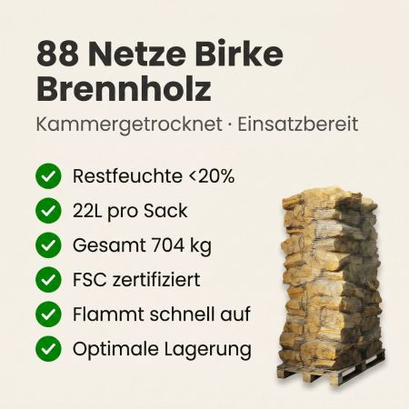 88 Netze Kammergetrocknetes gespalten Birke Brennholz 25cm